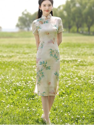 Floral Linen Midi Qipao Cheongsam Dress