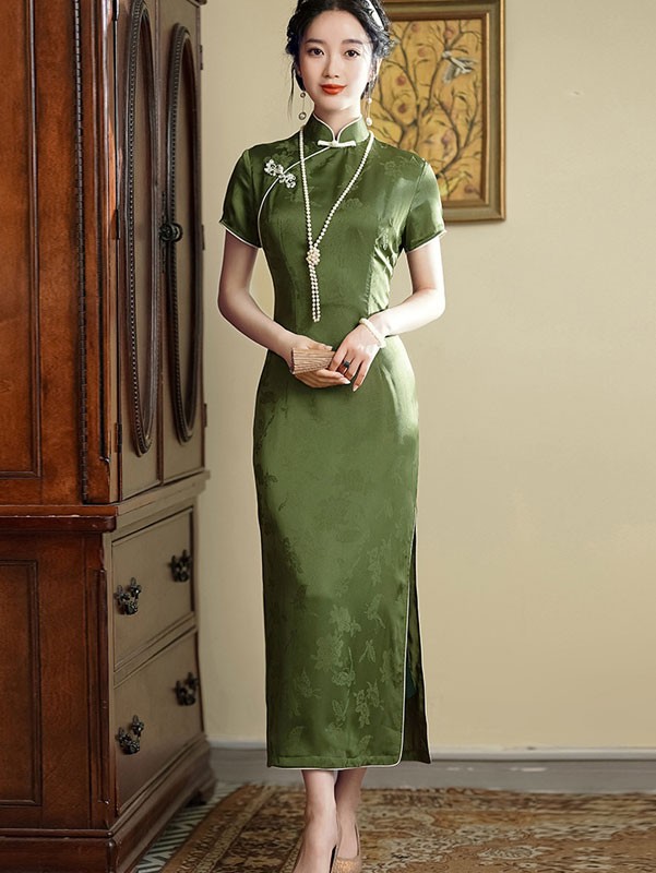 Green Jacquard Maxi Cheongsam Qipao Dress