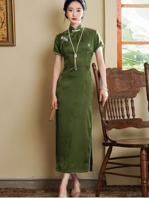 Green Jacquard Maxi Cheongsam Qipao Dress