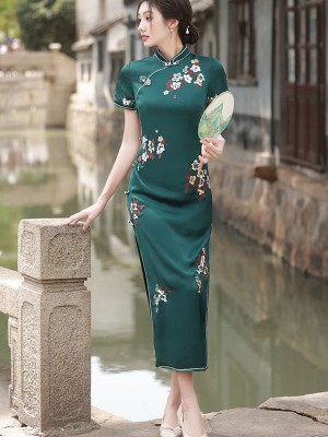 Green Embroidered Mothers Maxi Cheongsam Qipao Dress
