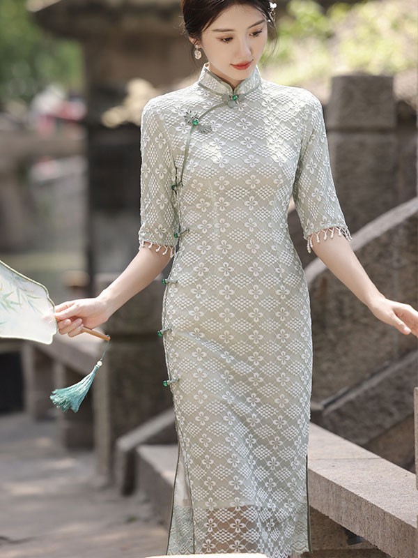 2023 Winter Beige Green Lace Midi Cheongsam Qipao Dress