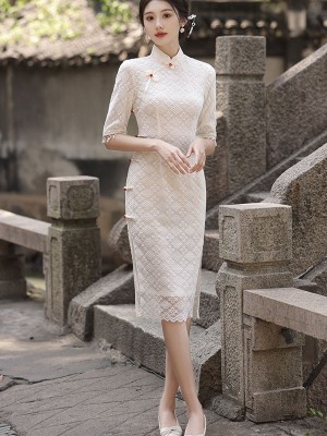 2023 Winter Beige Green Lace Midi Cheongsam Qipao Dress