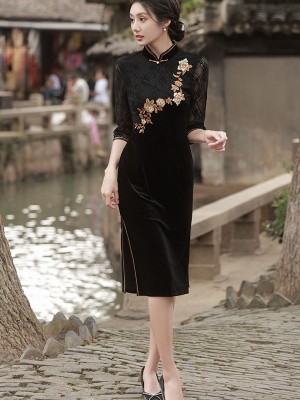 Black Embroidered Velvet Mothers Cheongsam Qipao Dress