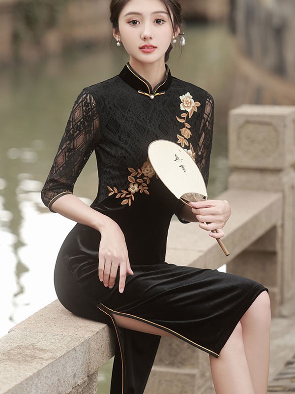 Black Embroidered Velvet Mothers Cheongsam Qipao Dress