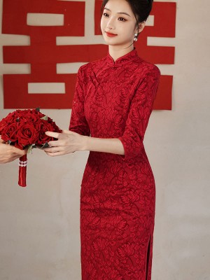 Red Floral Wedding Bride Cheongsam Qipao Dress