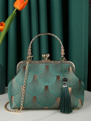 Green Jacquard Chain Top Handle Clutch Handbag