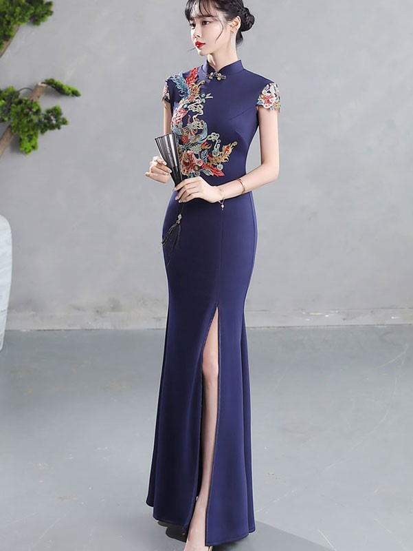 Blue Split Front Fishtail Phoenix Cheongsam Qipao Dress