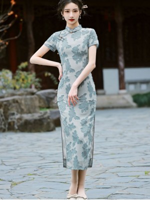 Blue White Jacquard Chiffon Cheongsam Qipao Dress