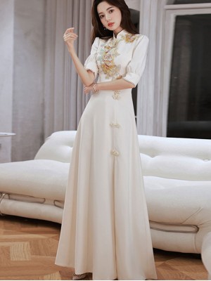 Embroidered Floral Front Split A-line Qipao Cheongsam Gown