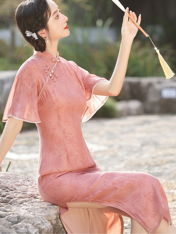 Pink Floral Flutter Sleeve Midi Cheongsam Qipao Dress