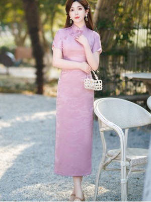 Pink White Jacquard Floral Maxi Cheongsam Qipao Dress