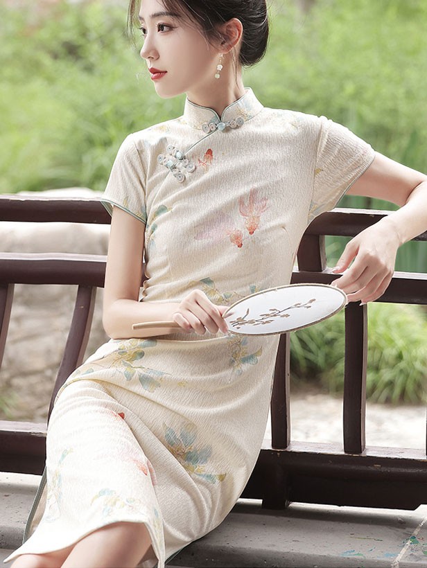 Beige Floral Print Midi Cheongsam Qipao Dress