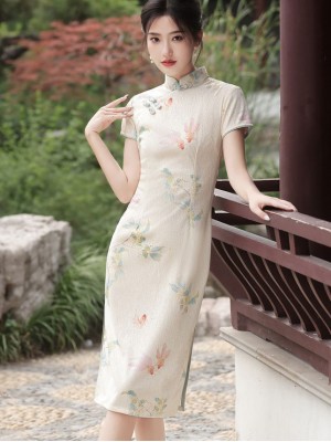 Beige Floral Print Midi Cheongsam Qipao Dress