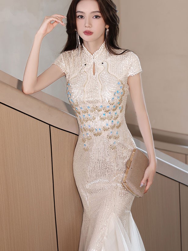 Sequined Beaded Phoenix Fishtail Qipao Cheongsam Dress