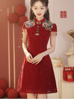 Red Embroidered Lace A-Line Bride Wedding Qipao Cheongsam Dress