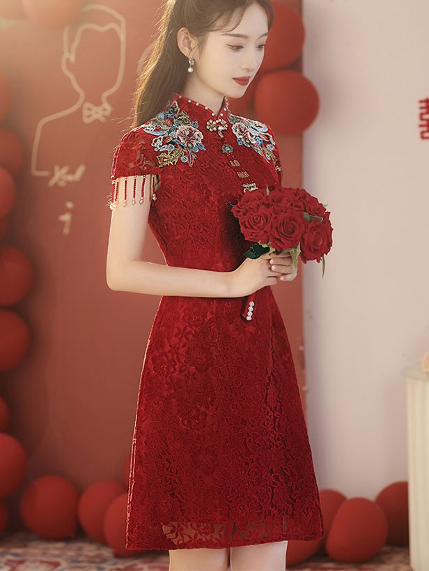 Red Embroidered Lace A-Line Bride Wedding Qipao Cheongsam Dress