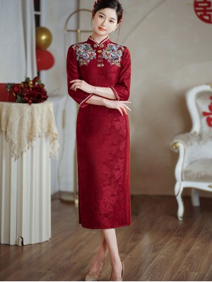 Red Jacquard Embroidered Winter Bride Wedding Cheongsam Qipao Dress