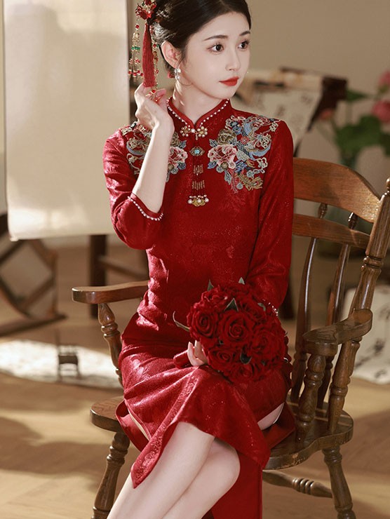 Red Jacquard Embroidered Winter Bride Wedding Cheongsam Qipao Dress
