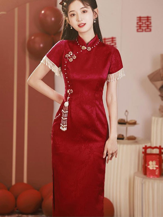 Red Jacquard Tassels Bride Wedding Cheongsam Qipao Dress