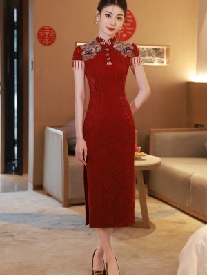 Red Lace Embroidered Bride Wedding Cheongsam Qipao Dress