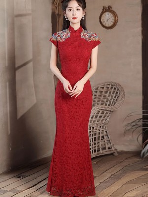 Red Lace Embroidered Fishtail Bride Wedding Cheongsam Qipao Dress