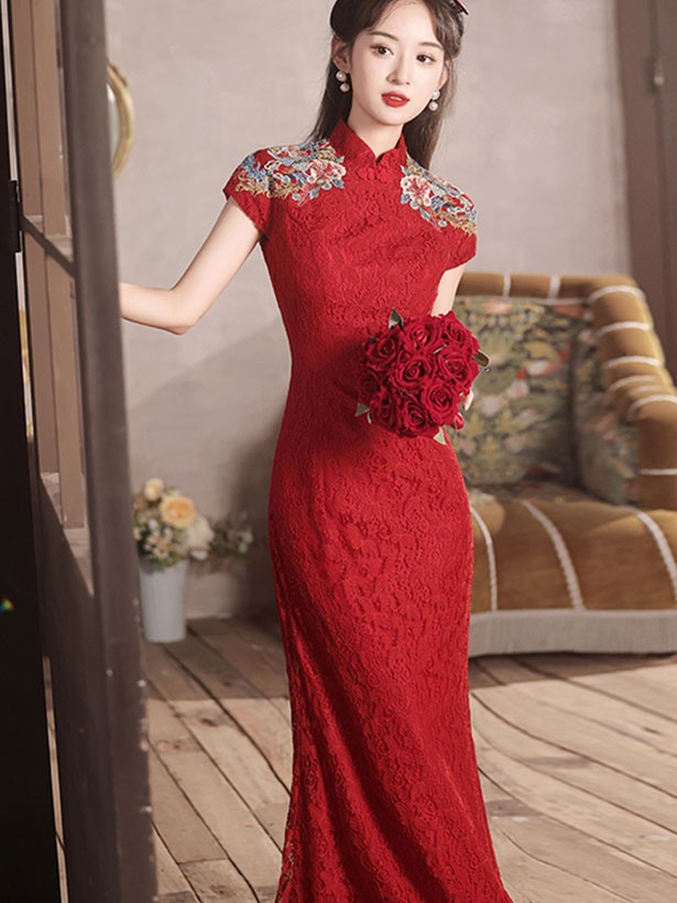 Red Lace Embroidered Fishtail Bride Wedding Cheongsam Qipao Dress