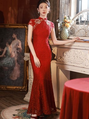 Burgundy Lace Appliques Fishtail Wedding Cheongsam Dress