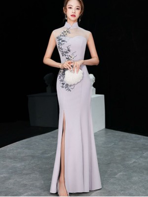 Gray Appliques Split Front Fishtail Qipao Cheongsam Dress
