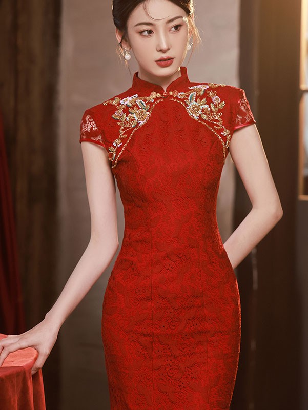 Red Lace Appliques Fishtail Bride Wedding Cheongsam Dress