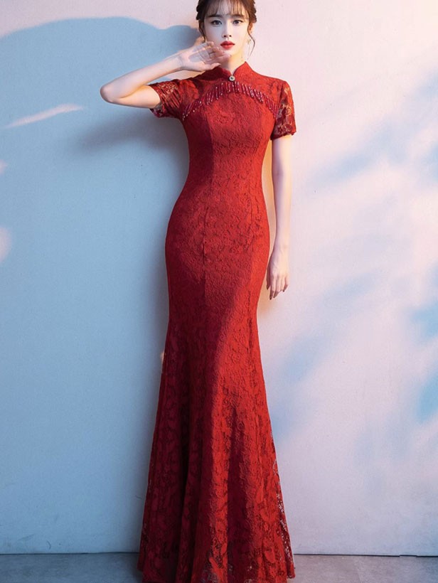 Red Lace Tassels Fishtail Bride Wedding Cheongsam Dress