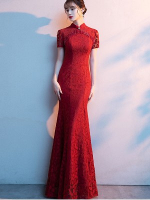 Red Lace Tassels Fishtail Bride Wedding Cheongsam Dress