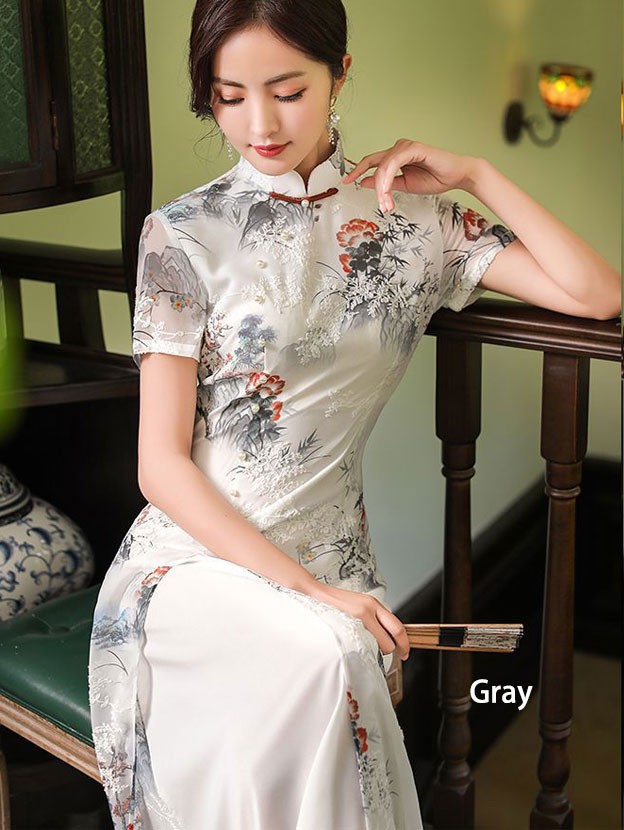 Gray Black Floral Winter Midi Cheongsam Qipao Dress