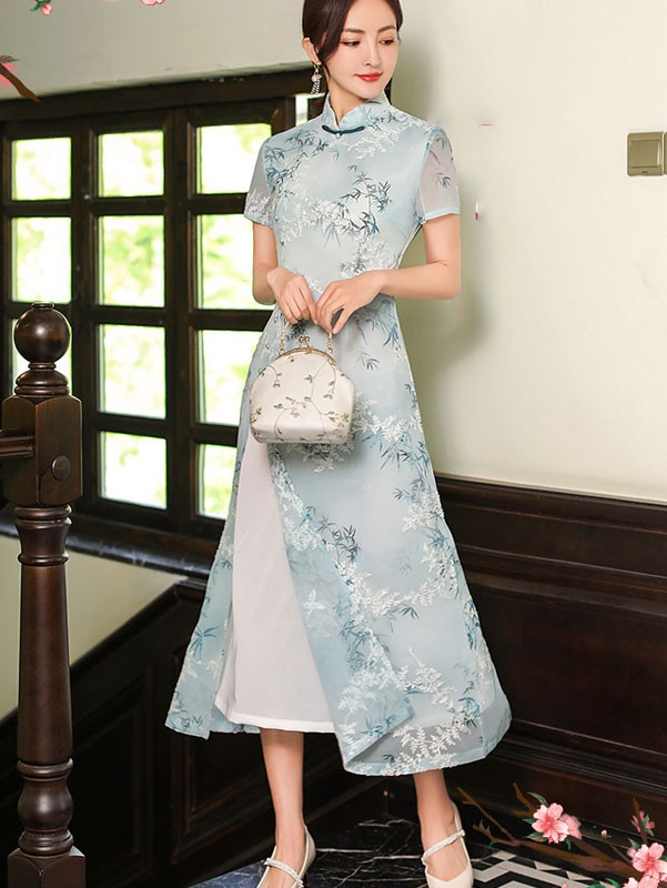 Floral A-Line Midi Modern Cheongsam / Qipao Dress - CozyLadyWear