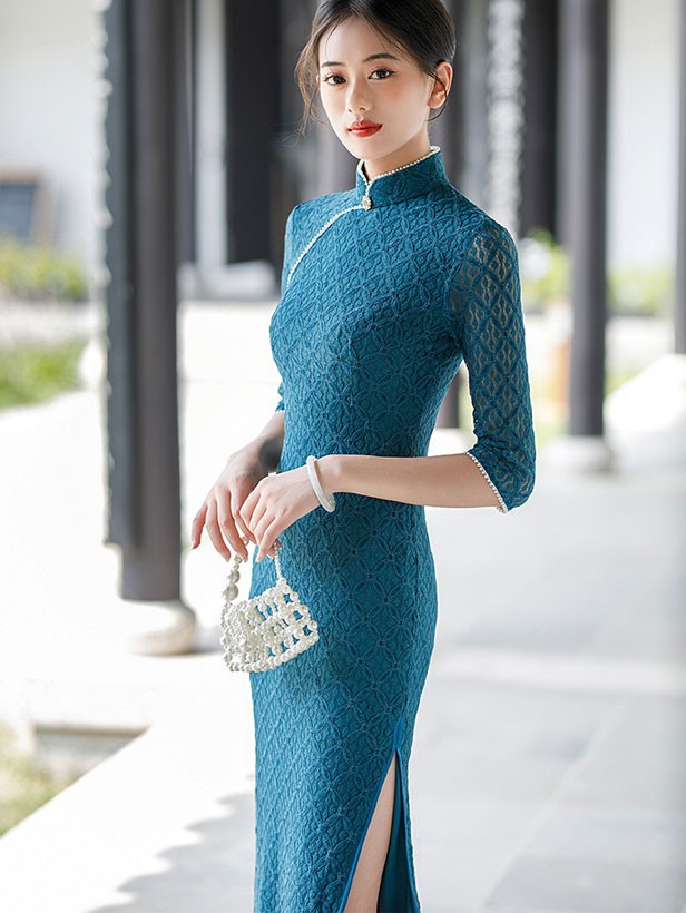 Lake Blue Lace Mid Qipao Cheongsam Dress