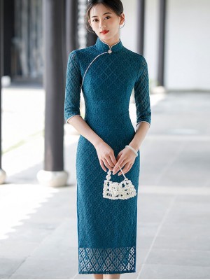 2024 Lake Blue Plaid Lace Qipao Cheongsam Dress