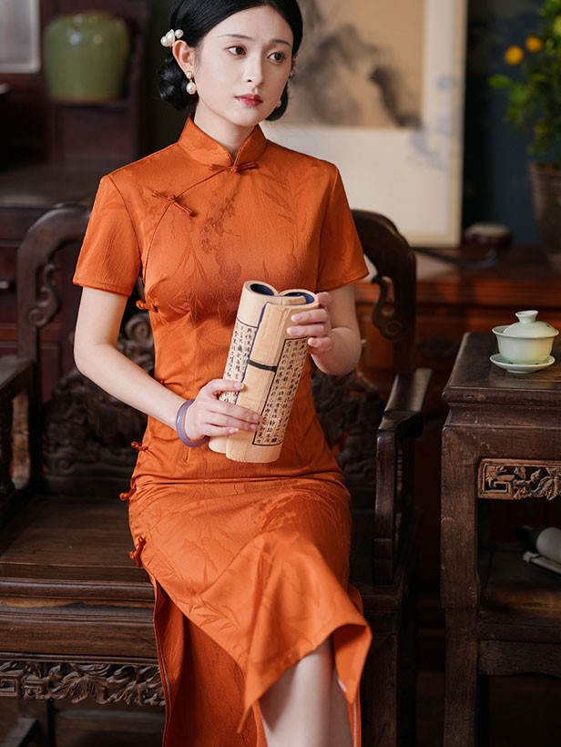 Orange Jacquard Silk Midi Qipao Cheongsam Dress