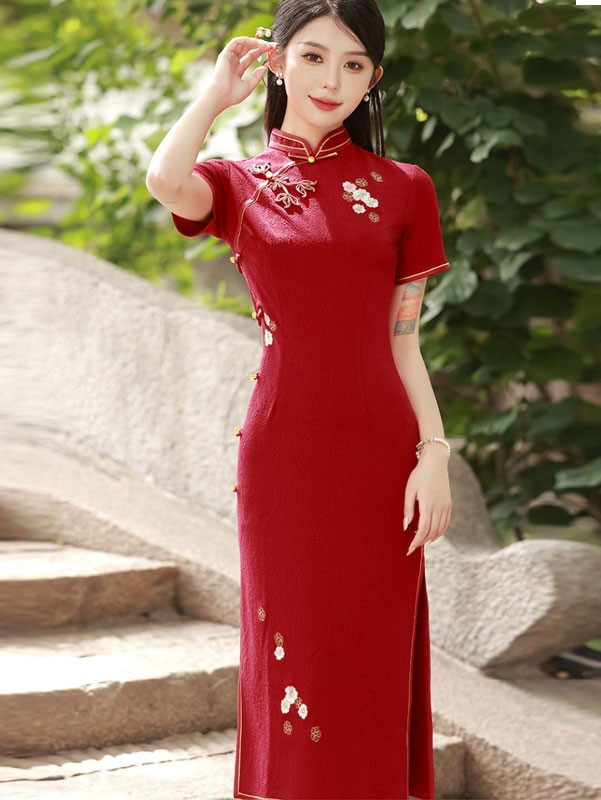 Red Embroidered Jacquard Midi Wedding Bride Cheongsam Qipao Dress