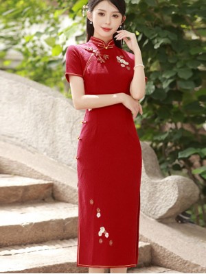 Red Embroidered Jacquard Midi Wedding Bride Cheongsam Qipao Dress