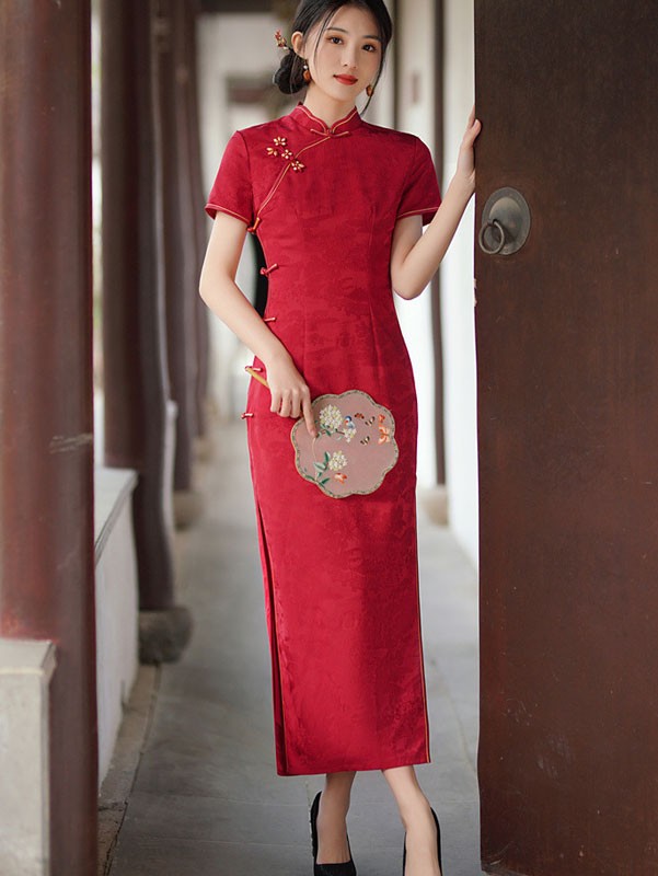 White Red Jacquard Maxi Qipao Cheongsam Dress