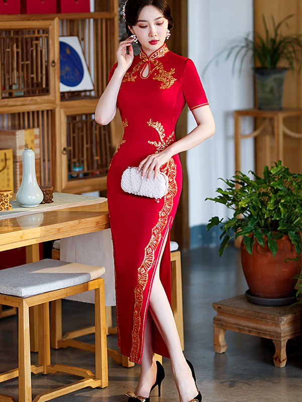 Black Red Mothers Appliques Maxi Qipao Cheongsam Dress