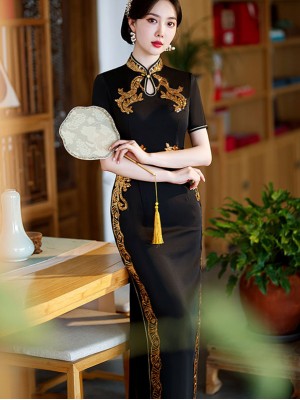 Black Red Mothers Appliques Maxi Qipao Cheongsam Dress