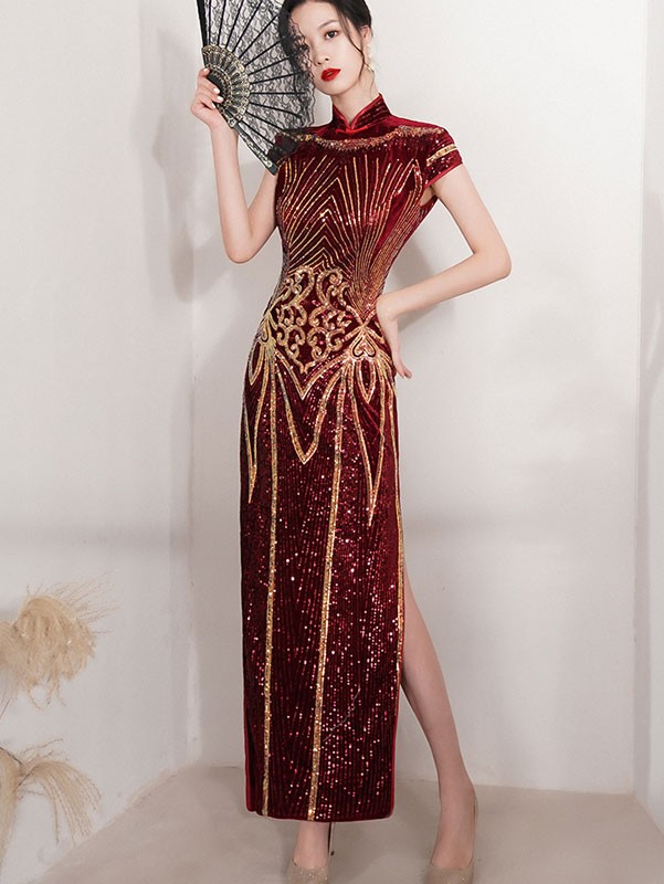 Red Sequined Velvet Mothers Maxi Cheongsam Qipao Dress