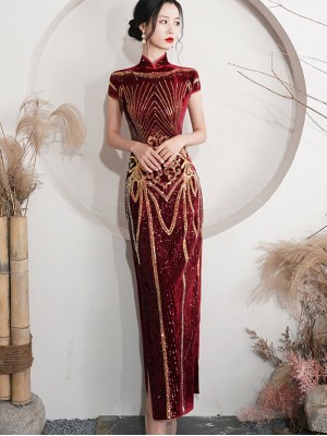 Red Sequined Velvet Mothers Maxi Cheongsam Qipao Dress