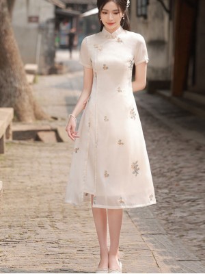 Beige Embroidered Mid A-Line Cheongsam Qipao Dress