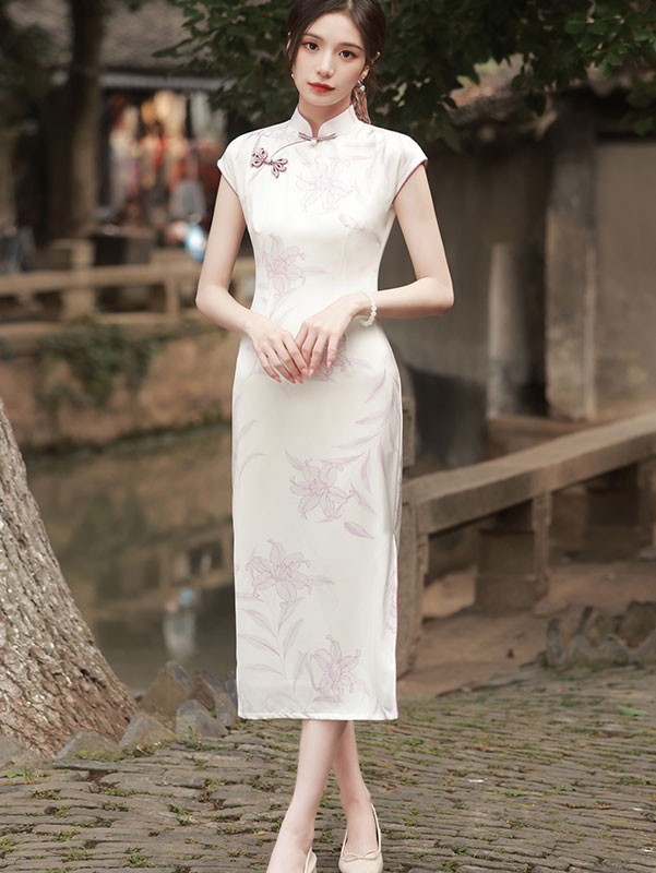 Purple Floral Print Maxi Cheongsam Qipao Dress