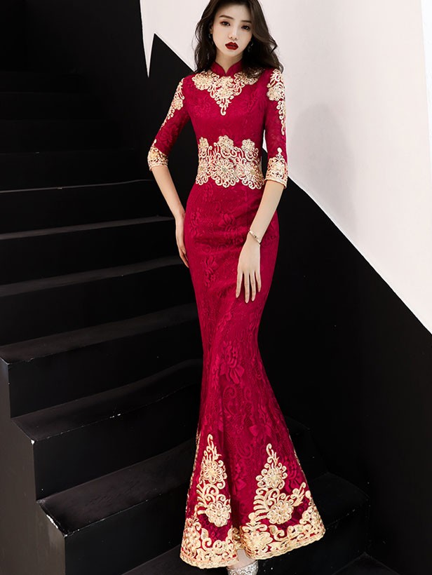 Red Lace Appliques Fishtail Wedding Cheongsam Dress