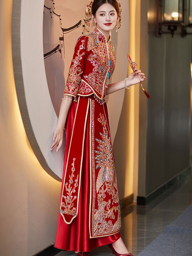 Red Sequins Beaded Phoenix Velvet Wedding Bride Qun Kwa Xiuhe