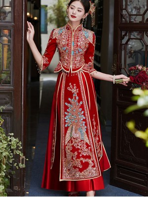 Red Sequins Beaded Phoenix Velvet Wedding Bride Qun Kwa Xiuhe