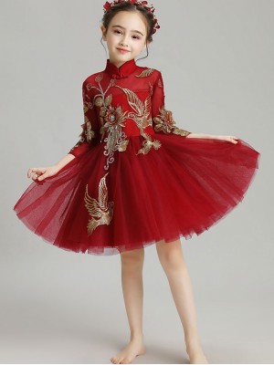 Burgundy Appliques Kid Flower Girls Tulle Cheongsam Dress