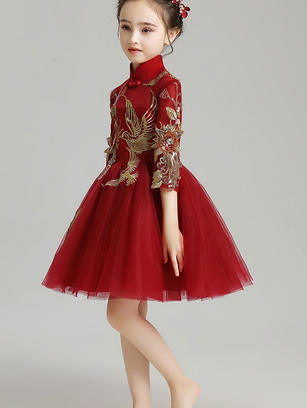 Burgundy Appliques Kid Flower Girls Tulle Cheongsam Dress